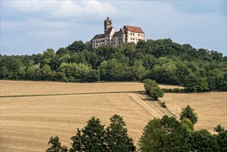 Ronneburg Castle, knight's castle from the Middle Ages, harvested grain fields, field, hill,