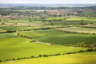 Summer view over patchwork of green fields looking east towards the distant Cotswolds, Roundway