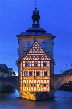 Upper Bridge, Old Town Hall, Regnitz, historic old town, Blue Hour, Bamberg, Lower Franconia,