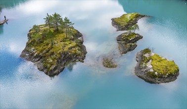 Aerial view of islands in lake Lovatnet (or: Loenvatnet), valley Lodalen south of village Loen,