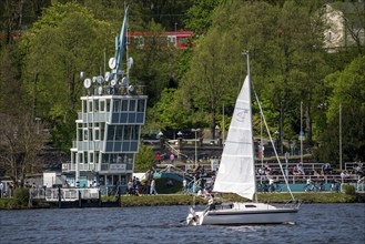 Lake Baldeney in Essen, reservoir of the Ruhr, sailing boat in front of the regatta tower, Essen,