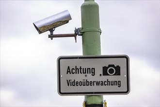 Video surveillance, old town centre of Monschau, Eifel, North Rhine-Westphalia, information sign,