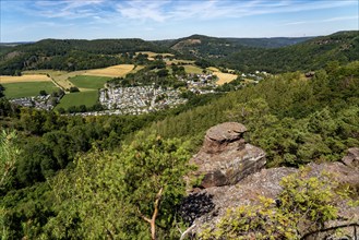 The Rur valley near Nideggen, Rureifel, red sandstone cliffs, Hetzingen campsite, Eifel, North