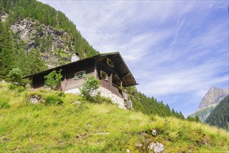 A mountain hut is picturesquely situated in the middle of the Alps, surrounded by forest and steep