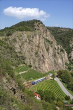 The Rotenfels with an Alstom Coradia LINT regional train operated by Vlexx in Traisen, Germany,