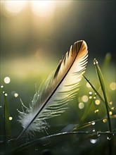 A lone feather resting gently on a dew-covered grassy field, with soft morning light illuminating