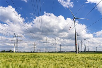 Wind farm north-east of Marsberg, Hochsauerlandkreis, high-voltage line, electricity pylons, North