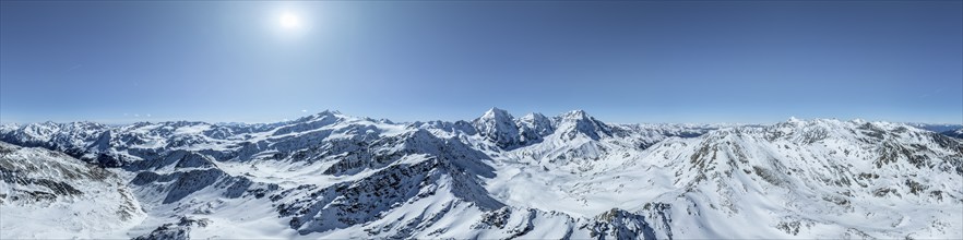 Aerial view, snow-covered mountain landscape, view of Cevedale, Ortler, Monte Zebrù, Königsspitze