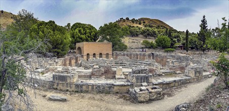 Panorama overview of ruins of historic Roman amphitheatre from antiquity in excavation site remains