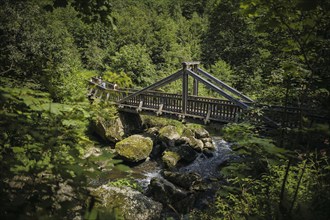 Hikers cross a bridge over the Selbitz river, which flows through the Höllental valley between