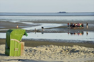 Hiker in the mudflats, Wyk, Föhr, North Frisia, Schleswig-Holstein, Germany, Europe