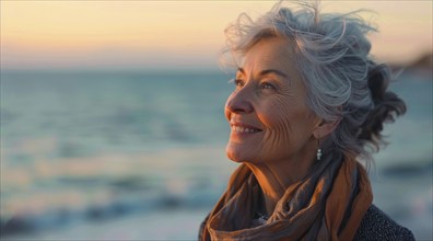 Happy senior woman enjoying walk on the beach and happy retirement, AI generated