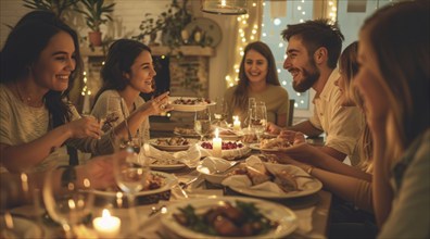 A group of people are sitting around a table with plates of food and celebrating, AI generated