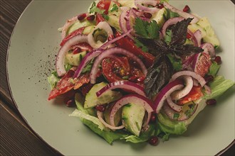 Georgian vegetable salad, tomatoes with cucumbers, red onion, walnut, pomegranate seeds, top view,