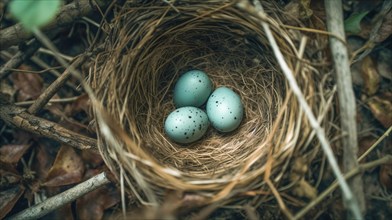 Bird nest with spotted robin eggs within in the tree, generative AI, AI generated