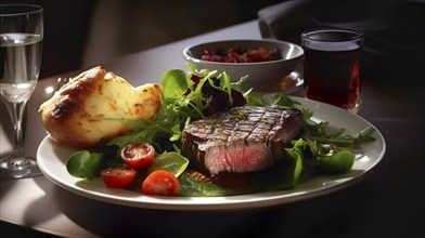 Fresh succulent top sirloin steak with sauteed vegetables on the flame grill, generative AI.-