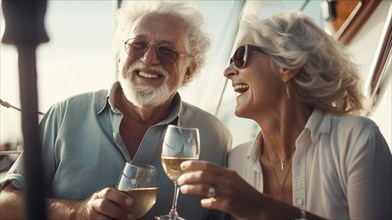 Senior caucasian couple enjoying drinks on the deck of their yacht in the ocean, generatvie AI, AI