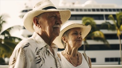 Senior caucasian couple vacationing on A cruise ship in the tropics, generatvie AI, AI generated