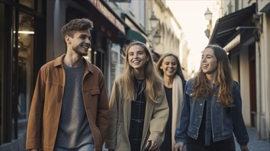 A happy group of young adult friends walk along the streets of europe, generatvie AI, AI generated