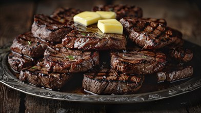 Plate with A stack of several grilled steaks with butter on top. generative AI, AI generated