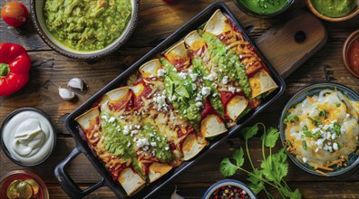 Plate of enchiladas with a side of salsa and guacamole. Wooden table with bowls of various sauces,