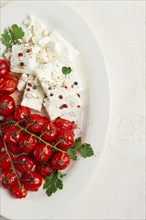 Baked cherry tomatoes, with cheese, and spices, on a white plate, homemade, no people