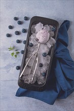 Blueberry ice cream, container with a spoon, on a gray table, fresh blueberries