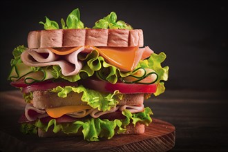 Club-Sandwich, auf einem Holztisch, rustikaler Stil, Nahaufnahme, keine Personen, hausgemacht