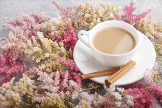 Pink and red astilbe flowers and a cup of coffee on a gray concrete background. Morninig, spring,