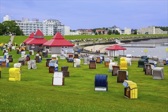 Grassy beach on the dyke with beach chairs in the Grimmershörn district, North Sea spa town of