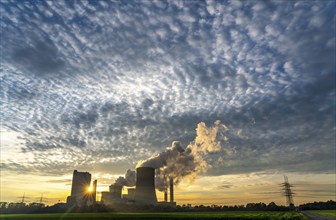 Lignite-fired power plant, RWE Power AG Niederaussem power plant, sunset, Bergheim, North