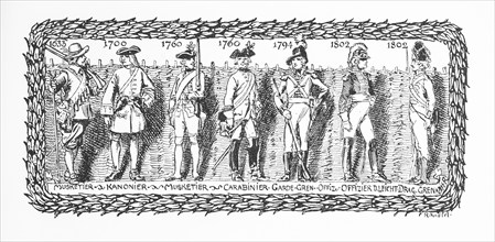 Uniform plate, men, soldiers with historical uniforms and weapons from the years 1633 to 1802,