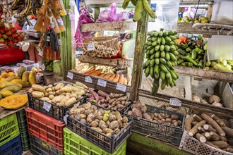 Display of fruit and vegetables at a market stall, Mercado Central de San José, San José, Costa