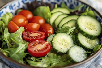 Healthy raw salad with tomatoes, cucumber and lettuce. Generative Ai, AI generated