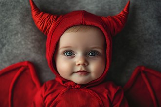 Cute baby wearing red Halloween devil costume hoodie with horns and wings. Generative Ai, AI