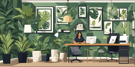 Abstract illustration of a modern workspace with woman seated at a desk, AI generated