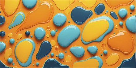 Abstract wallpaper with colorful turquoise and yellow blobs and liquid shapes on a orange