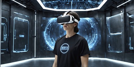 Three dimensional render of a man wearing virtual reality glasses, AI generated