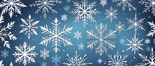 Abstract pattern of snowflakes in varying sizes and shapes in soft white and blue gradients, AI