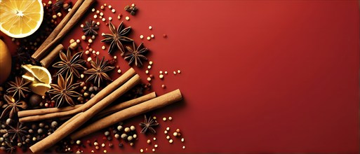 Abstract wallpaper illustration of Christmas spices like cinnamon sticks, star anise, and cloves,