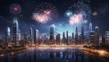 Wallpaper illustration of a cityscape on New Year's Eve, with glowing skyscrapers and floating