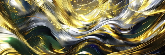 Abstract Illustration of energetic and dynamic swirl of gold, silver, and deep green hues,