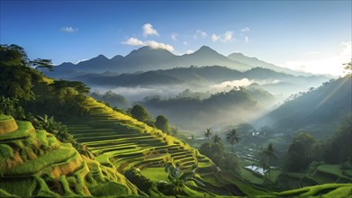 Early morning light bathes Philippines rice terraces cascading down mountain slopes, AI generated