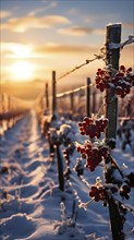 AI generated close up of grapevines in winter in the vineyard with snow blankets dormant vines and