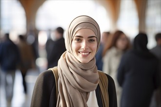 Smiling muslim woman in university. KI generiert, generiert, AI generated