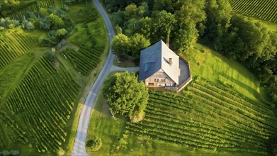 AI generated aerial view of a rustic vineyard cottage nestled amidst lush summer colored vine