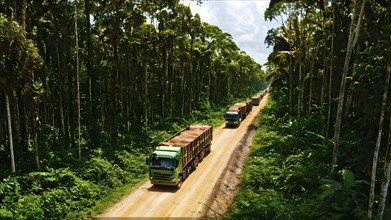 Trucks loaded with freshly cut timber wind through the narrow paths of the diminishing amazon