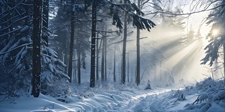 Fog covered forest in winter with snow covered trees and a mystic golden sunlight, AI generated