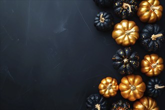 Top view of many small golden and black pumpkins with copy space. Generative Ai, AI generated