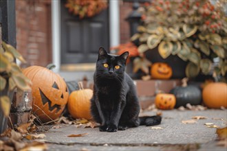 Cute black cat sitting in front of carved Halloween pumpkins, Generative Ai, AI generated